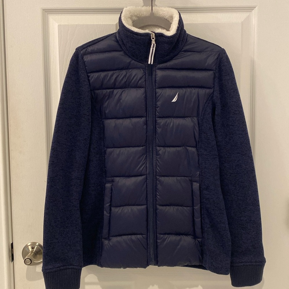 Nautica NWOT Mixed Media Puffer Sweater Jacket Navy Blue S